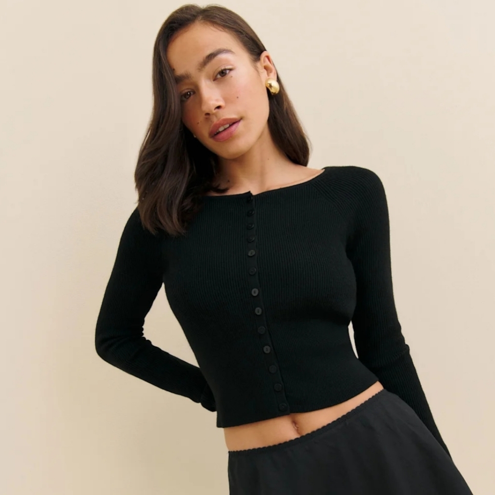 Reformation Meadow Regenerative Merino Cardigan Black - Size L NWT
